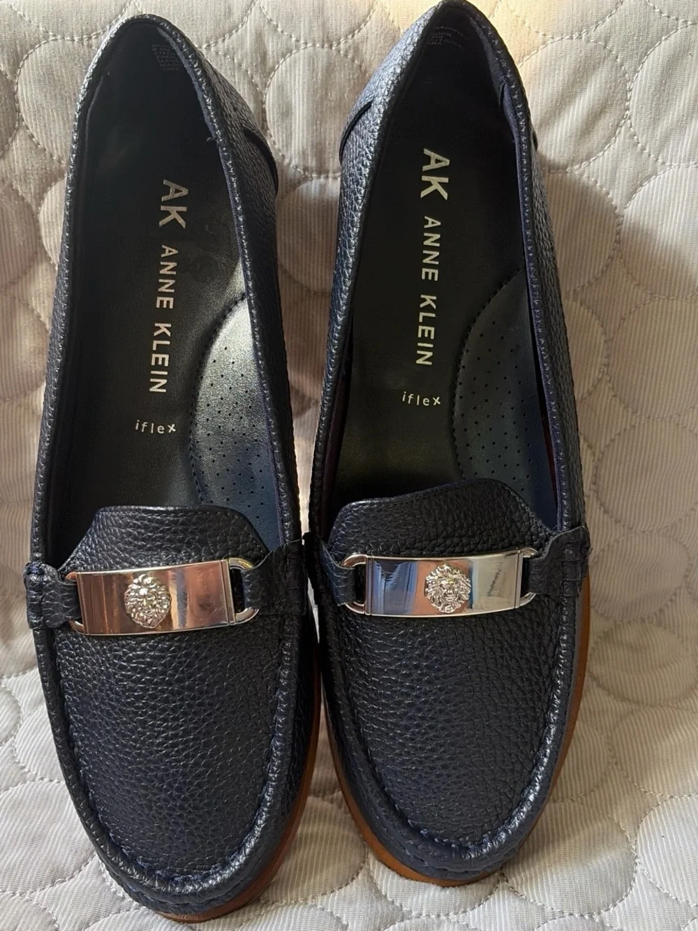 Anne Klein Navy Pebbled Leather Loafers with Gold Accent